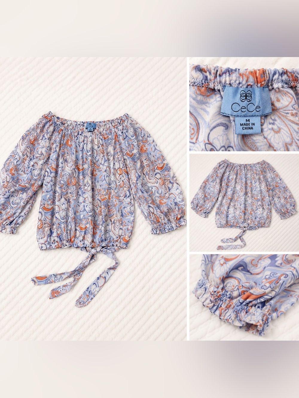 CeCe Off Shoulder Paisley Blouse Medium Blue Orange Tie Front Boho Top